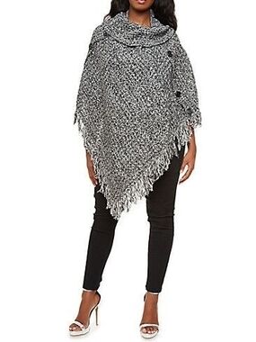 Caren Sport Gray Marled Fringe Button Poncho Size 2X
